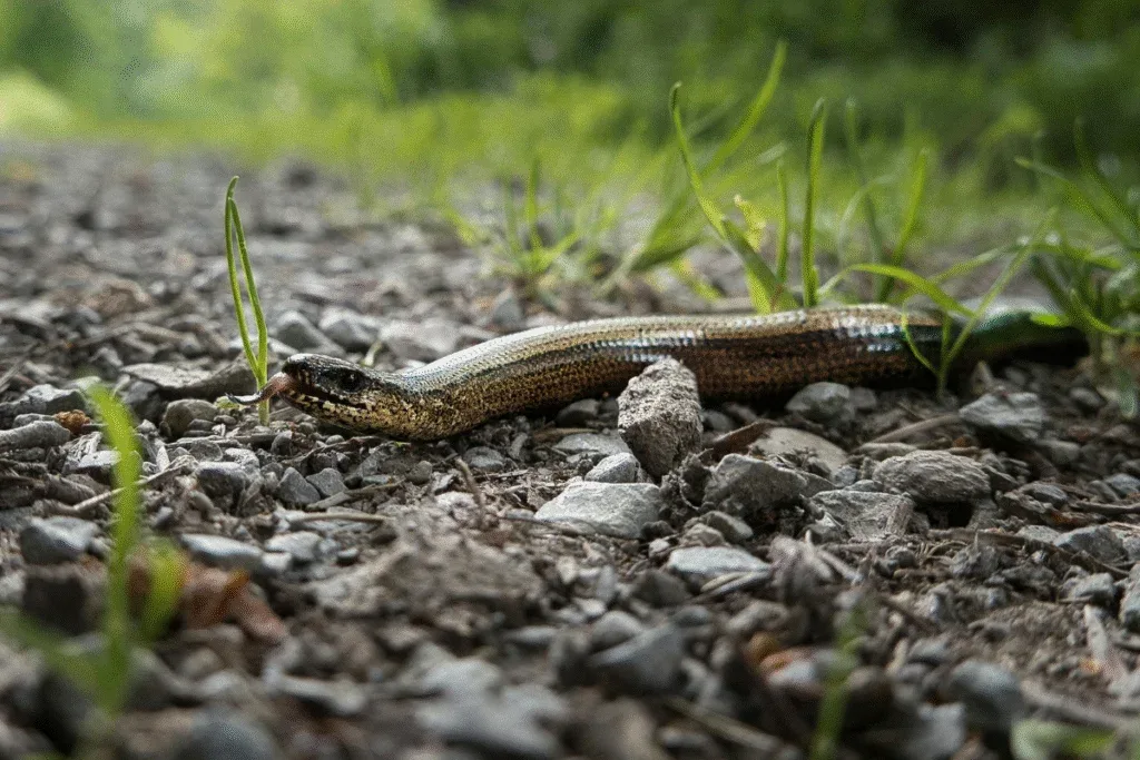 Blindschleiche auf Kies – ein natürlicher Fressfeind von Nacktschnecken